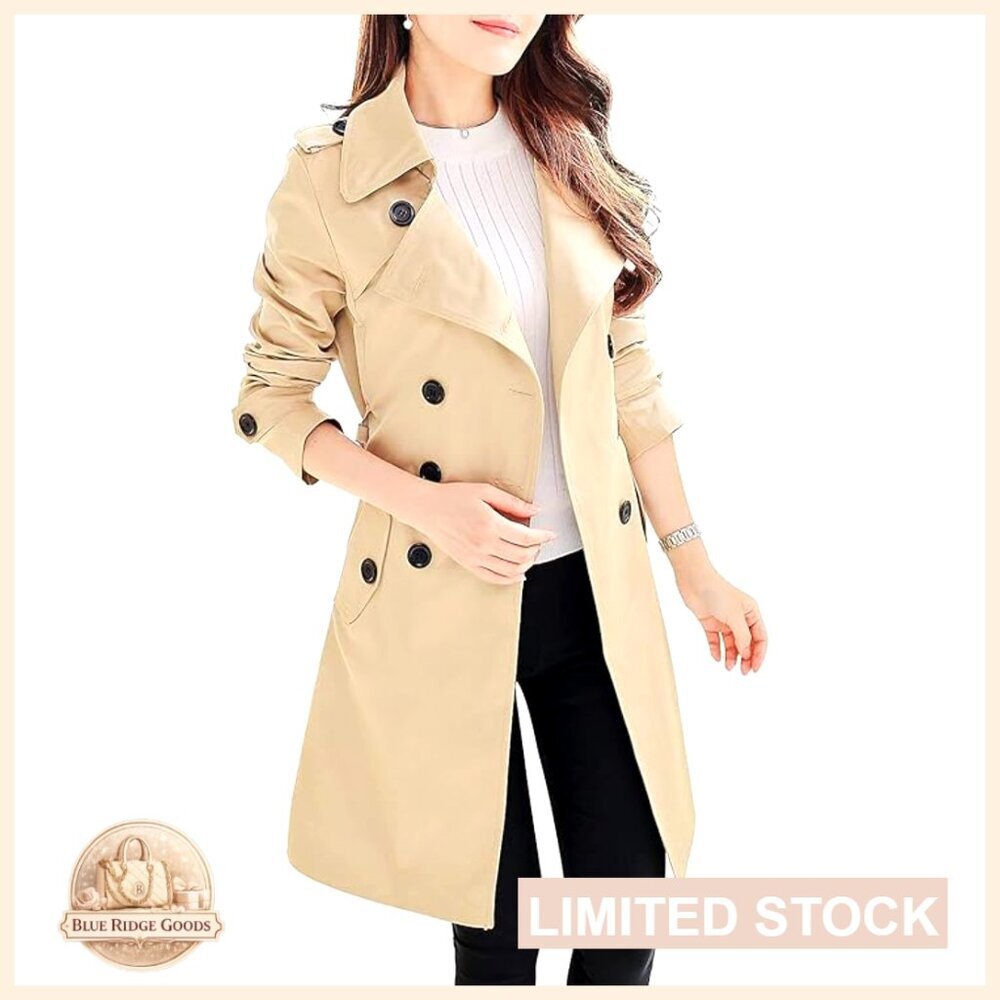 Classic Slim Fit Trench Coat Double Breasted Waterproof Elegant Outerwear